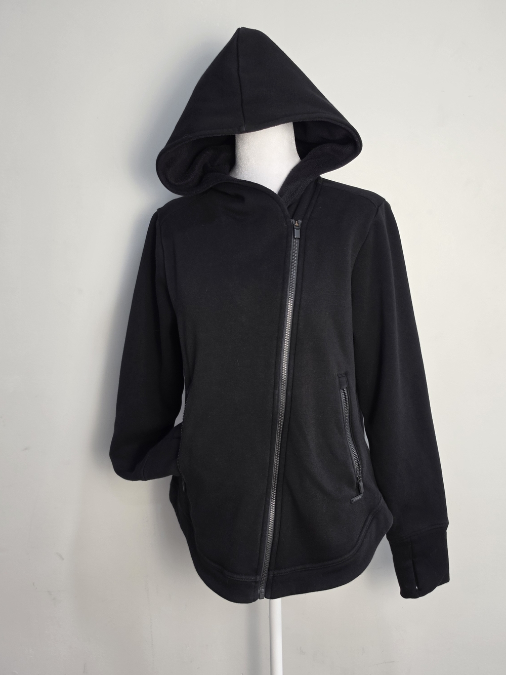 Athleta Black Hooded Asymmetrical Zip Utility Jacket with Zippered Pockets